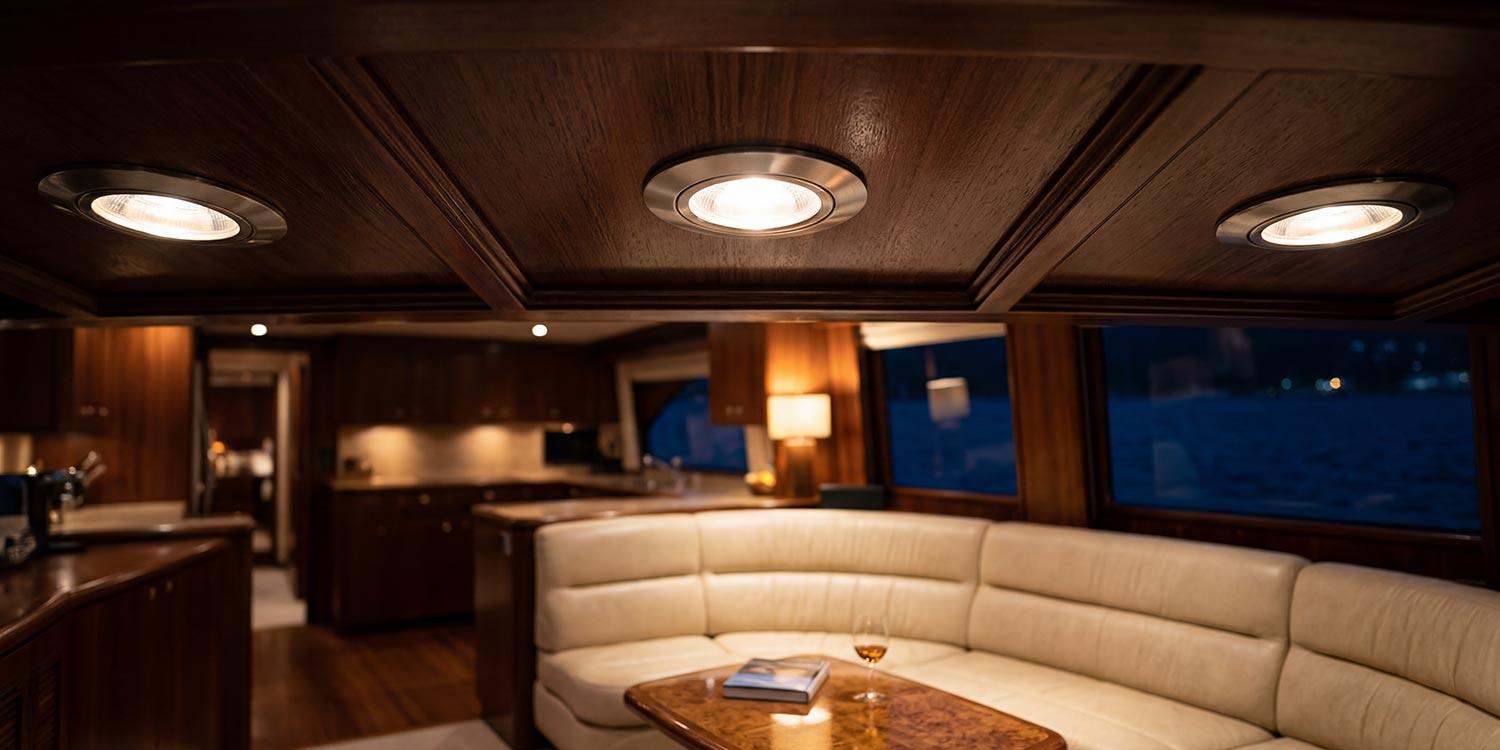Stainless steel recessed downlights in a wood ceiling panel over a yacht shower