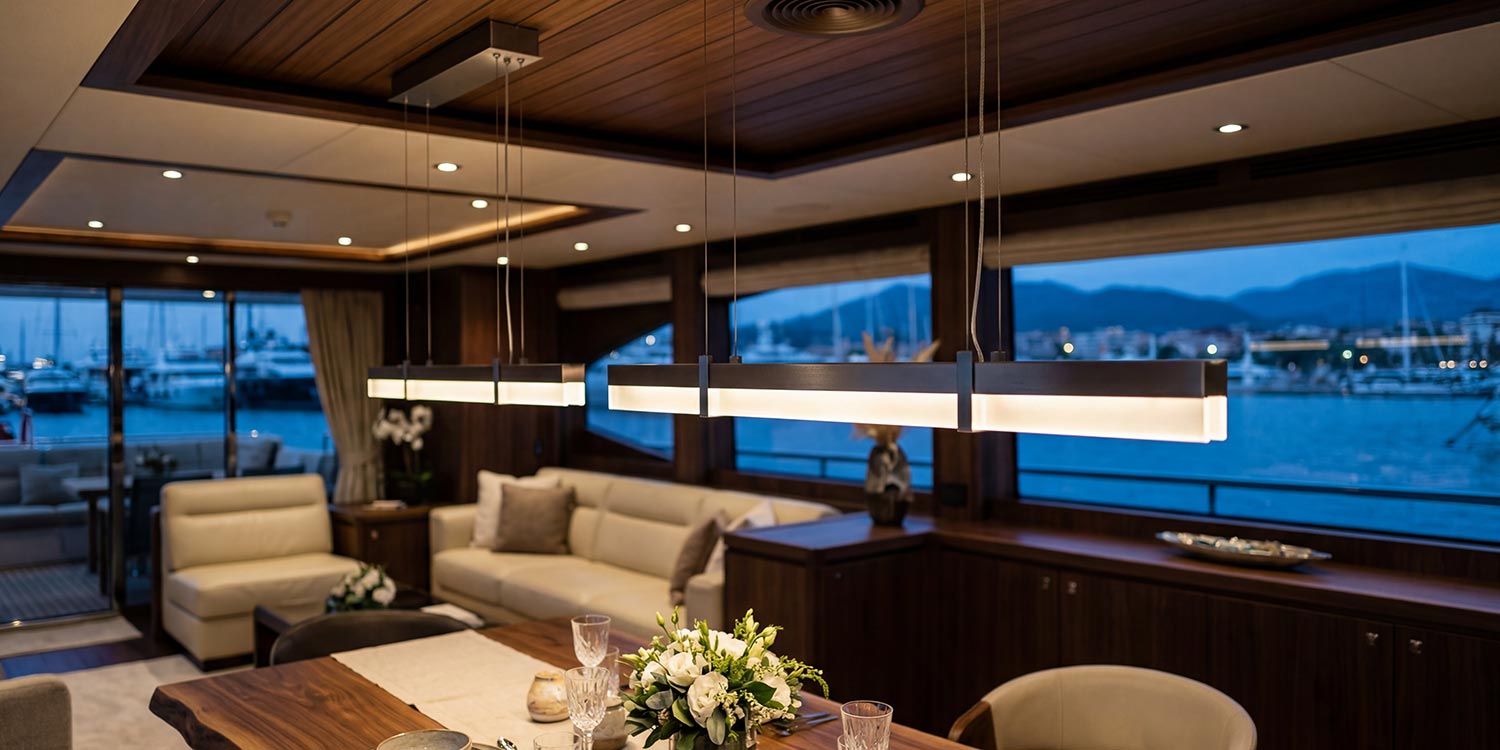 Modern horizontal linear pendant lights hanging over a wood dining table on a yacht