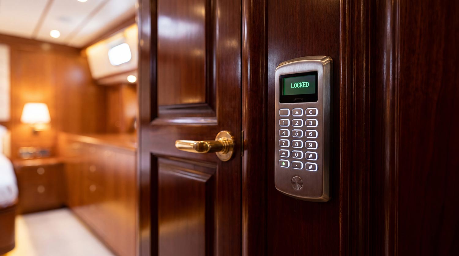 Electronic keypad lock mounted on a polished wooden yacht door