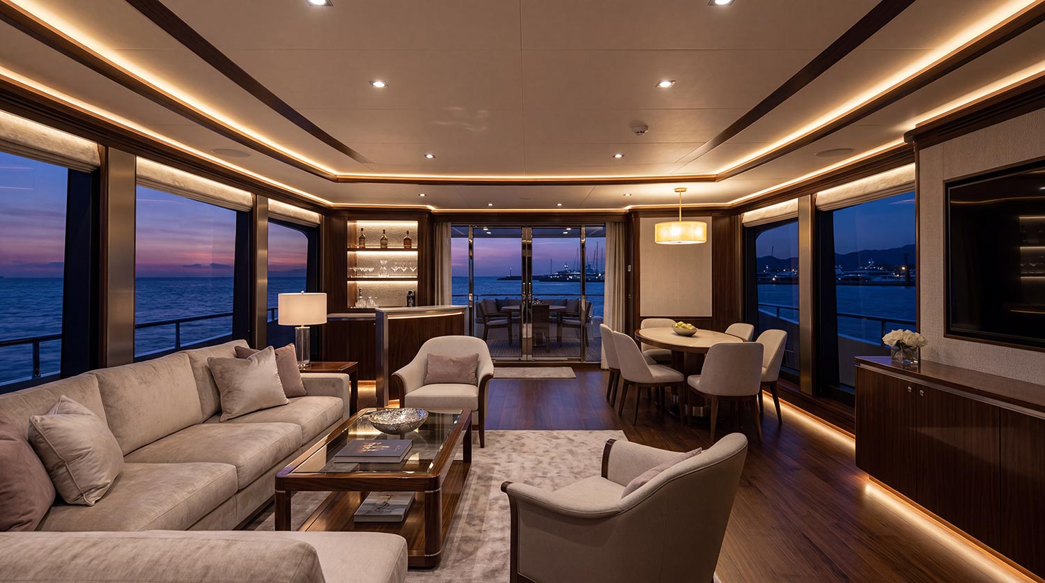 Warm recessed led lighting in a luxury yacht living area at sunset