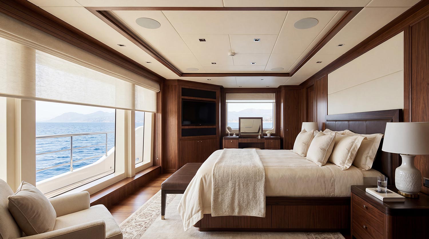 Motorized fabric shades on large windows in a yacht master bedroom
