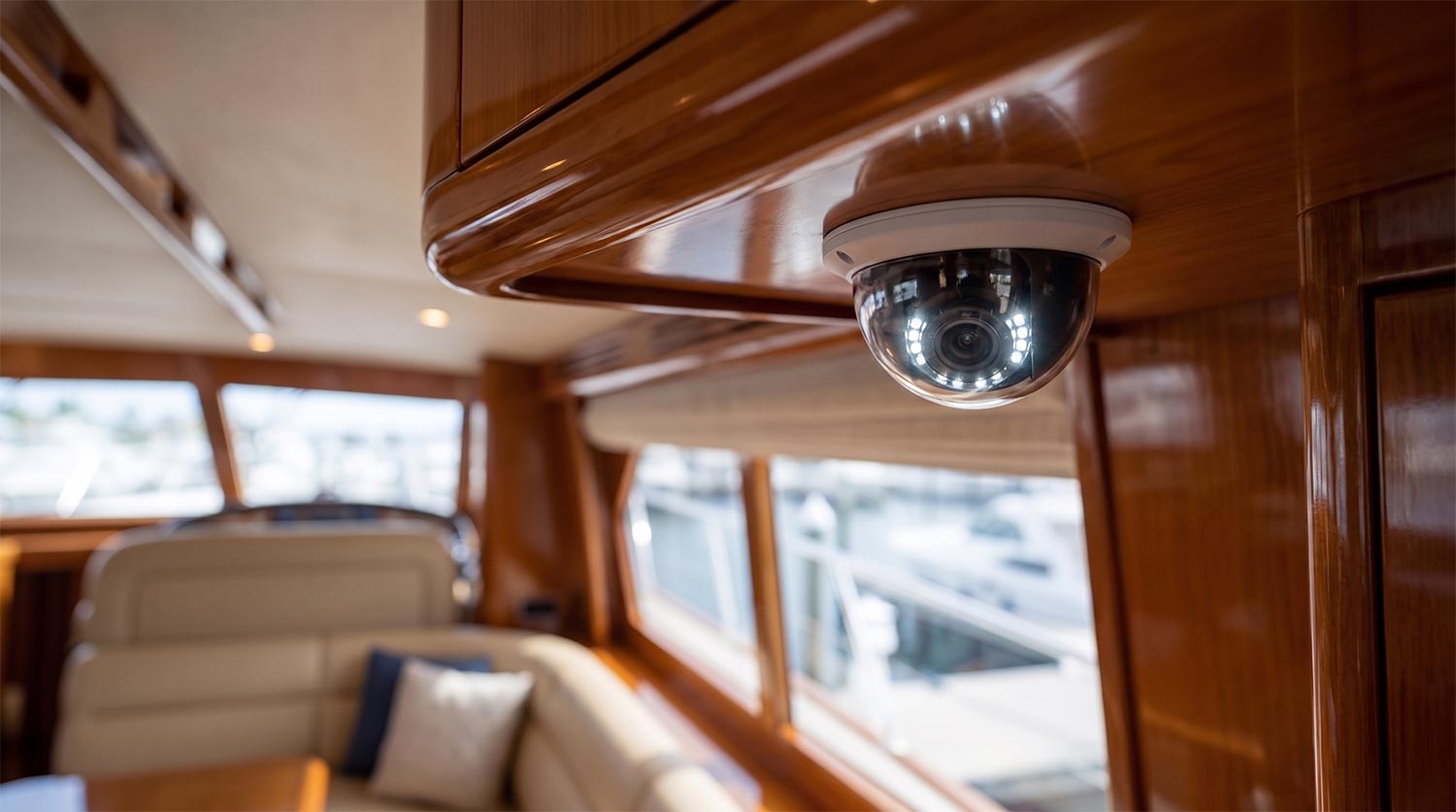 Small dome security camera mounted on a glossy wooden ceiling