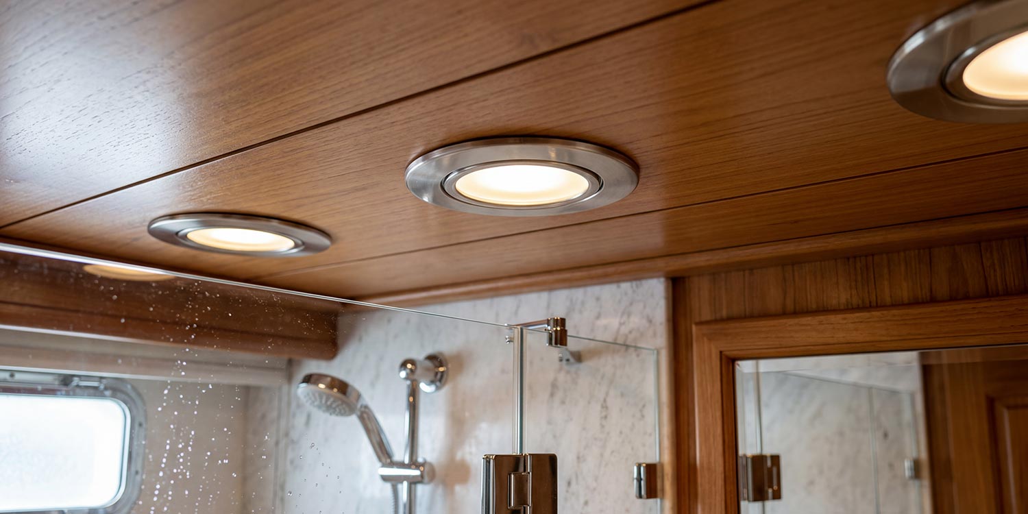 Recessed circular downlights installed in a wood paneled ceiling above a yacht salon