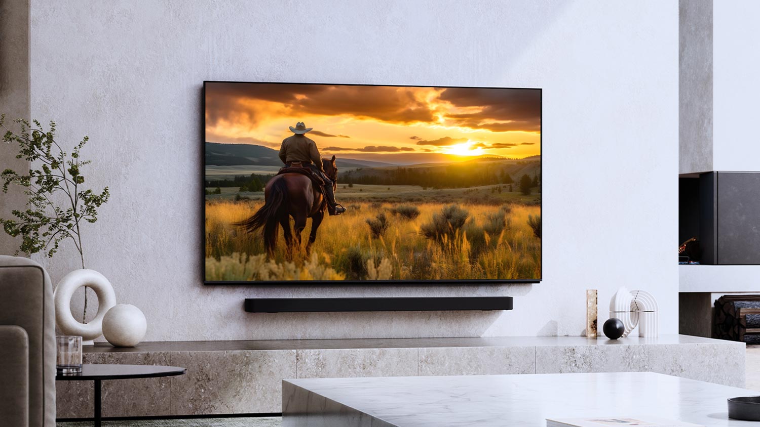 Large television playing a sunset cowboy scene mounted on a wall above a black soundbar