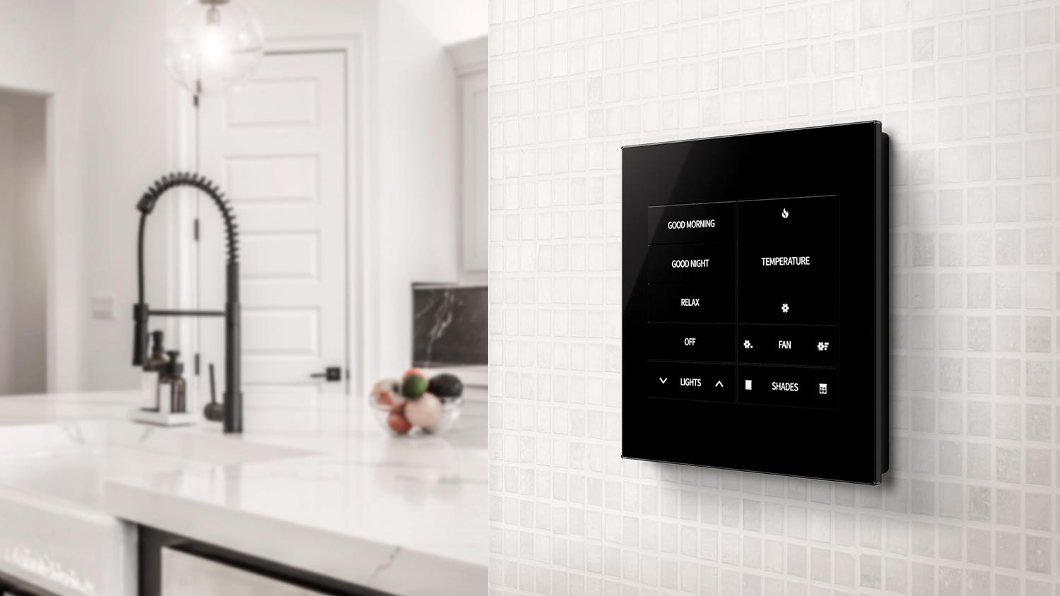 Black smart home control panel mounted on a white tiled wall in a modern kitchen area