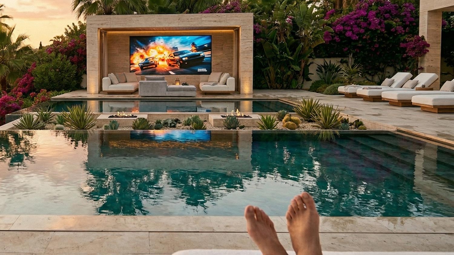 Luxury backyard patio with swimming pool, lounge chairs, and a large outdoor television screen