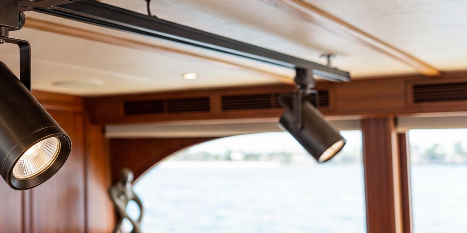 Adjustable black track lighting fixtures installed on a yacht ceiling